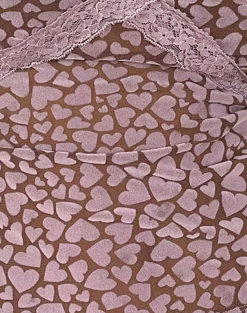 Alcesta Top in Brown Flock Mesh with Pink Heart Print