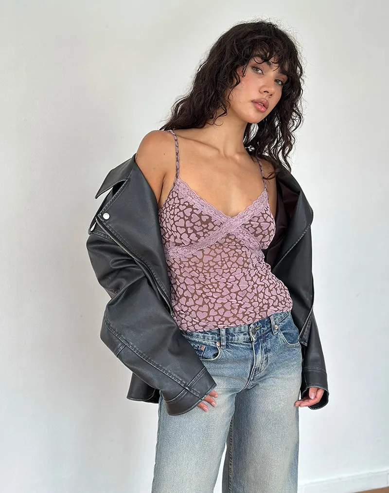 Alcesta Top in Brown Flock Mesh with Pink Heart Print