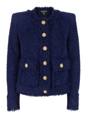 Blue Collarless Jacket With Gold Buttons In Tweed