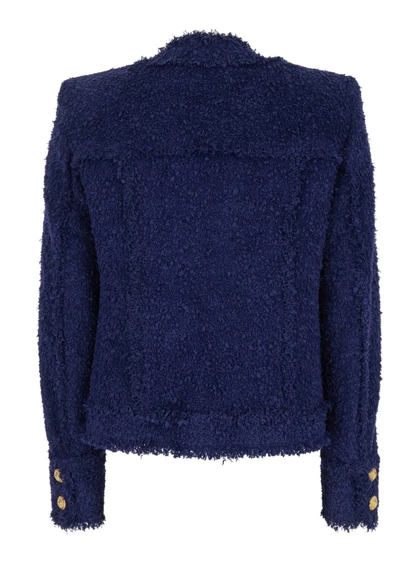 Blue Collarless Jacket With Gold Buttons In Tweed