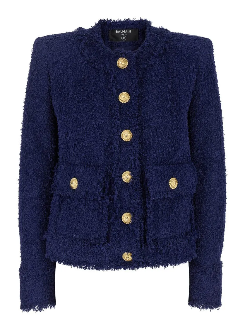 Blue Collarless Jacket With Gold Buttons In Tweed