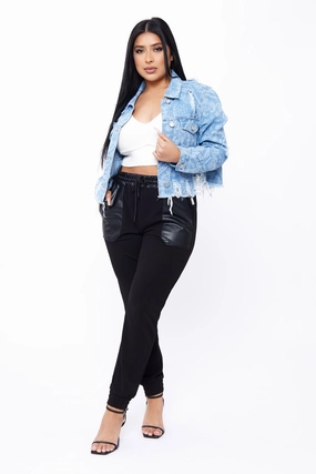 Boxy Destructed Denim Jacket with Discharge Prints