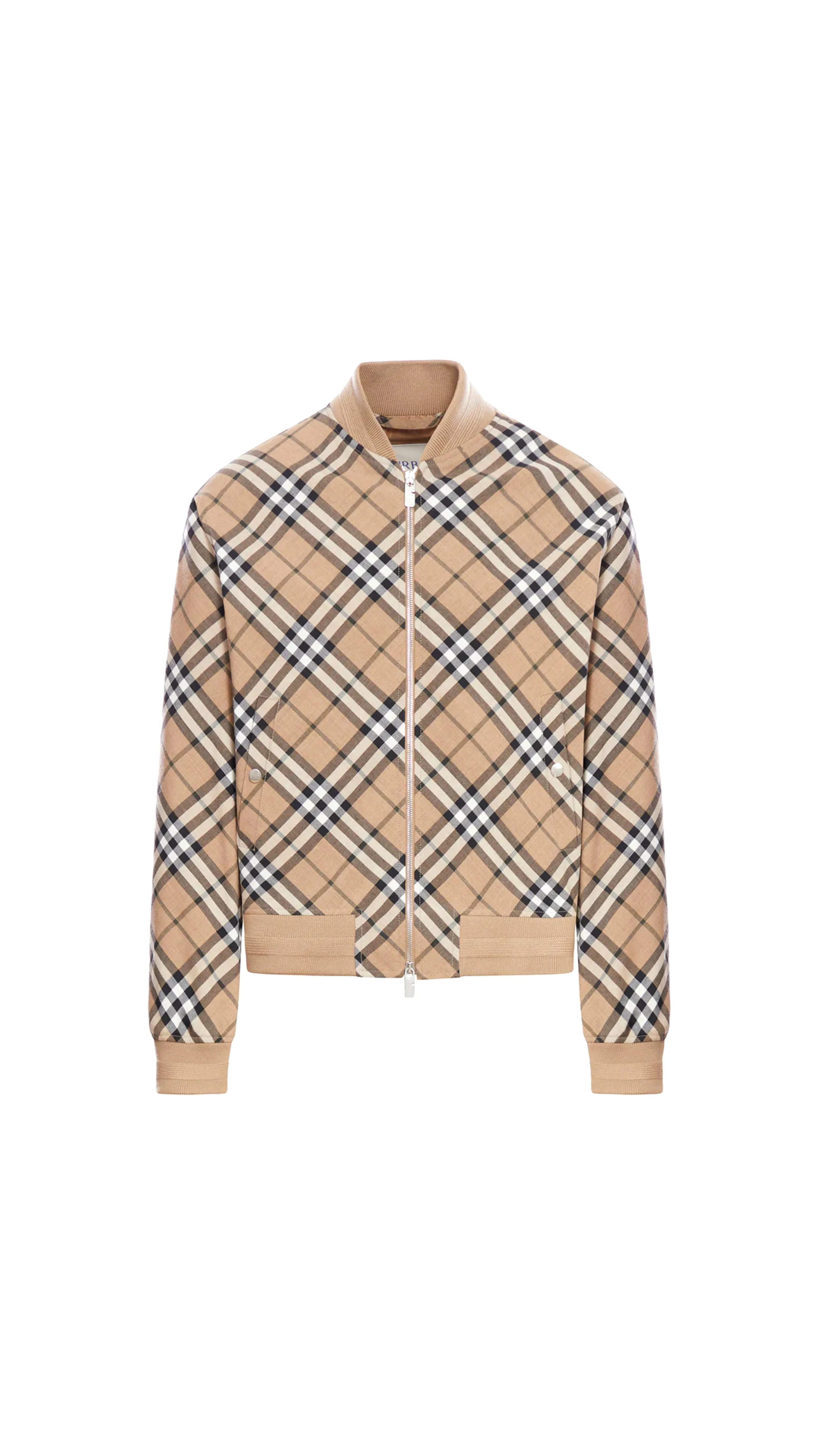 Check Wool Blend Harrington Jacket - Beige