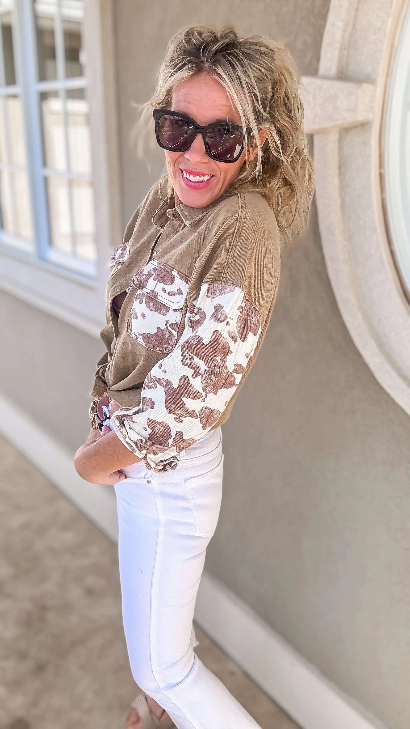 Cow Printed Denim Button-Down Shirts Jacket