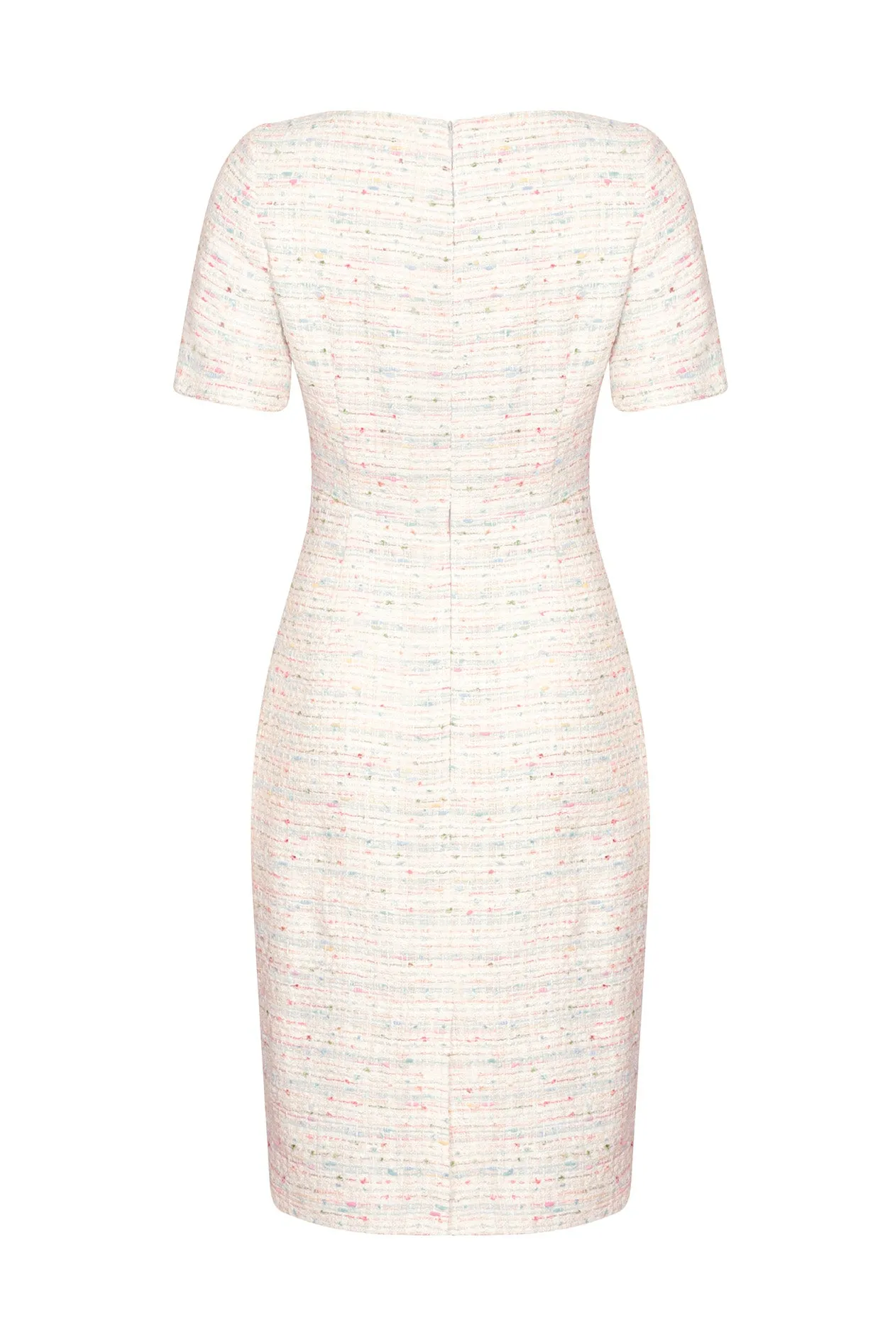 Dress with Boat Neck and Short Sleeves in Tweed with Pastel Blues. Greens and Pinks - Angie