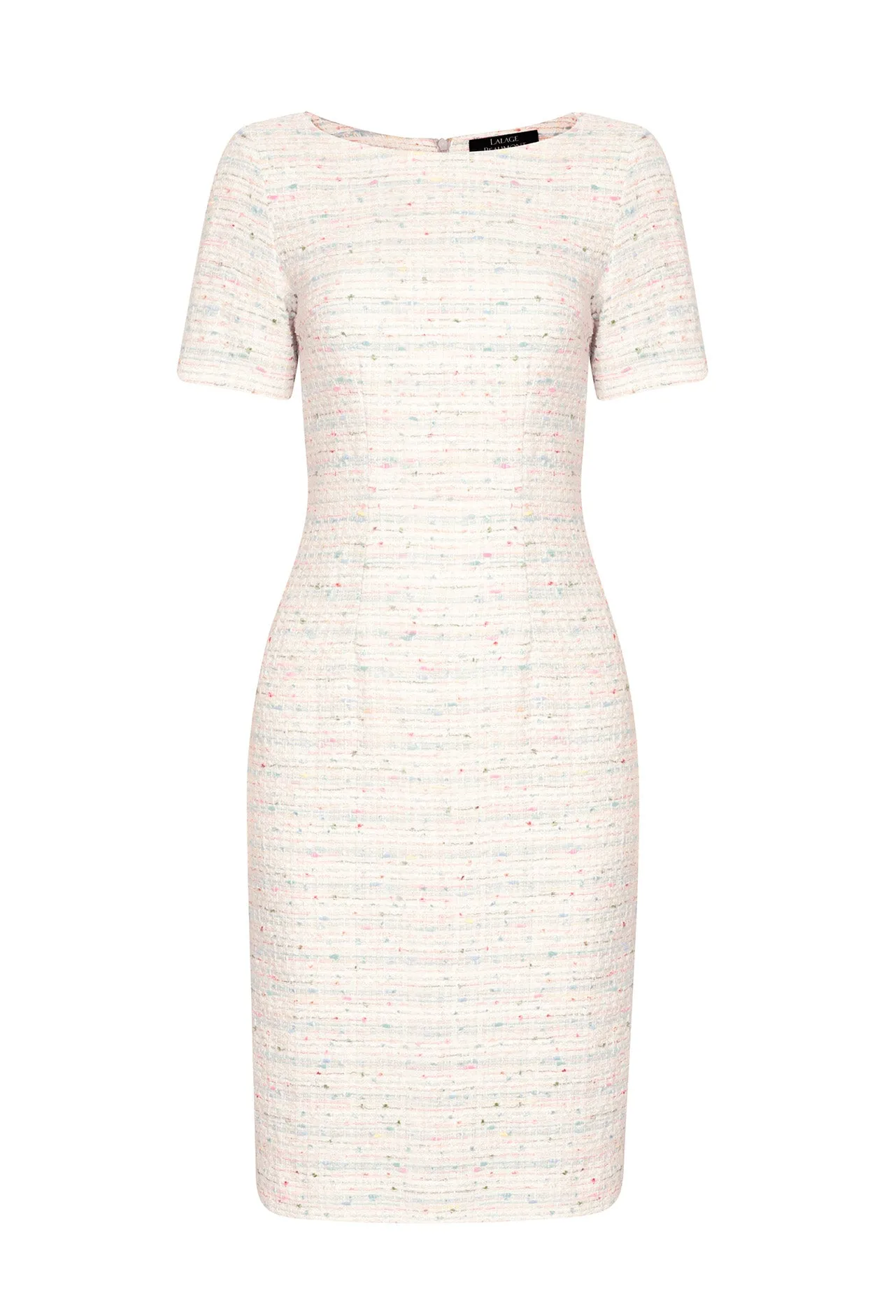 Dress with Boat Neck and Short Sleeves in Tweed with Pastel Blues. Greens and Pinks - Angie