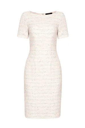 Dress with Boat Neck and Short Sleeves in Tweed with Pastel Blues. Greens and Pinks - Angie