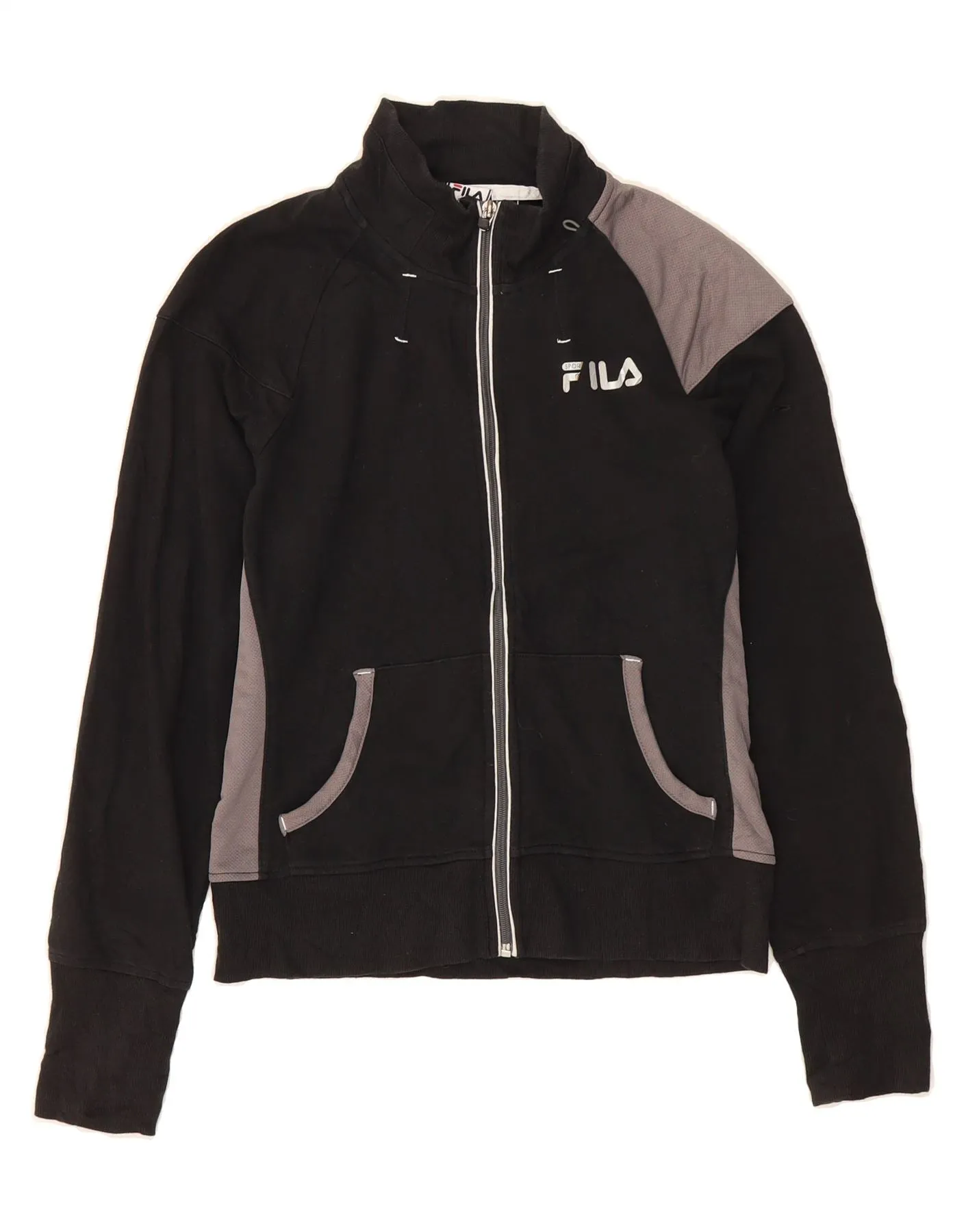 FILA Womens Tracksuit Top Jacket UK 14 Medium Black Colourblock Cotton