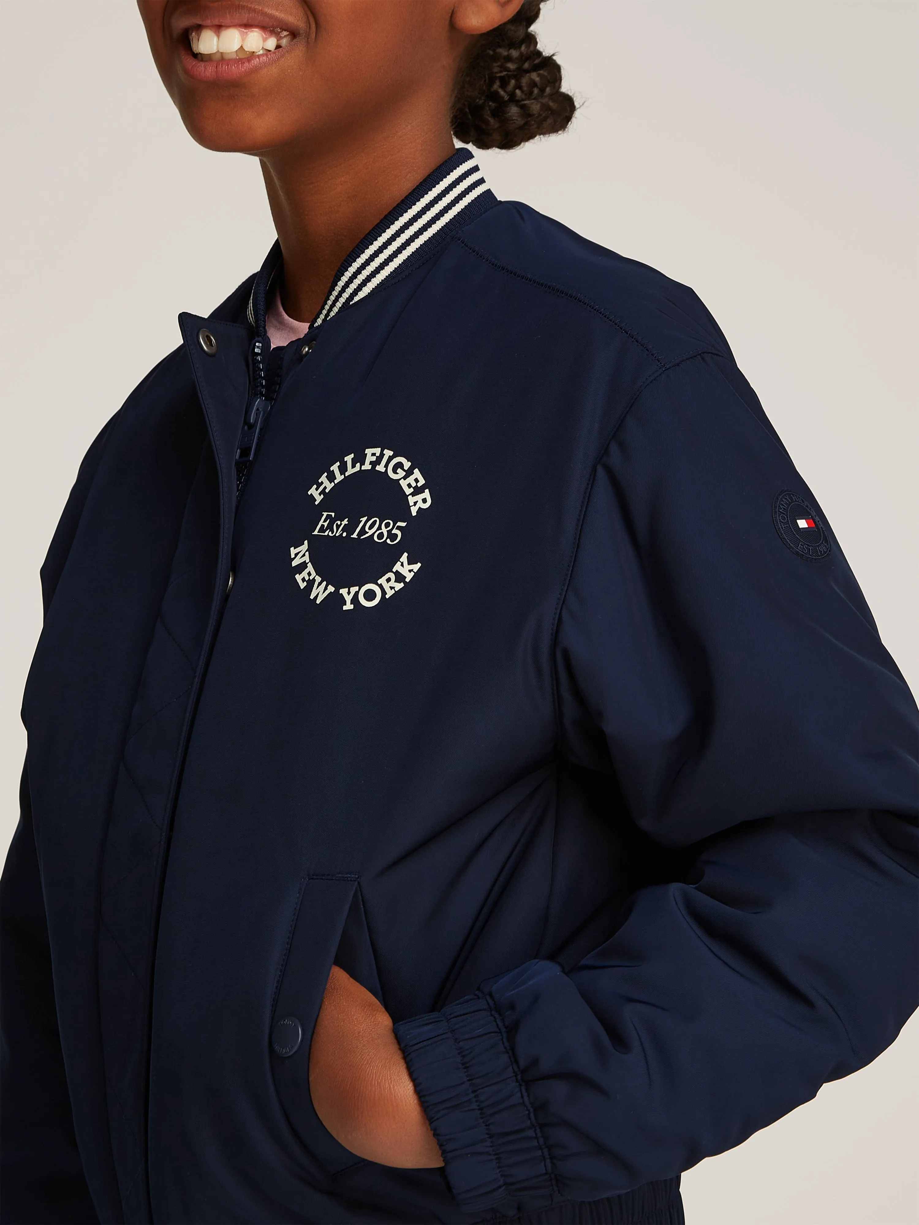 Girls Varsity Sateen Bomber Jacket in Navy