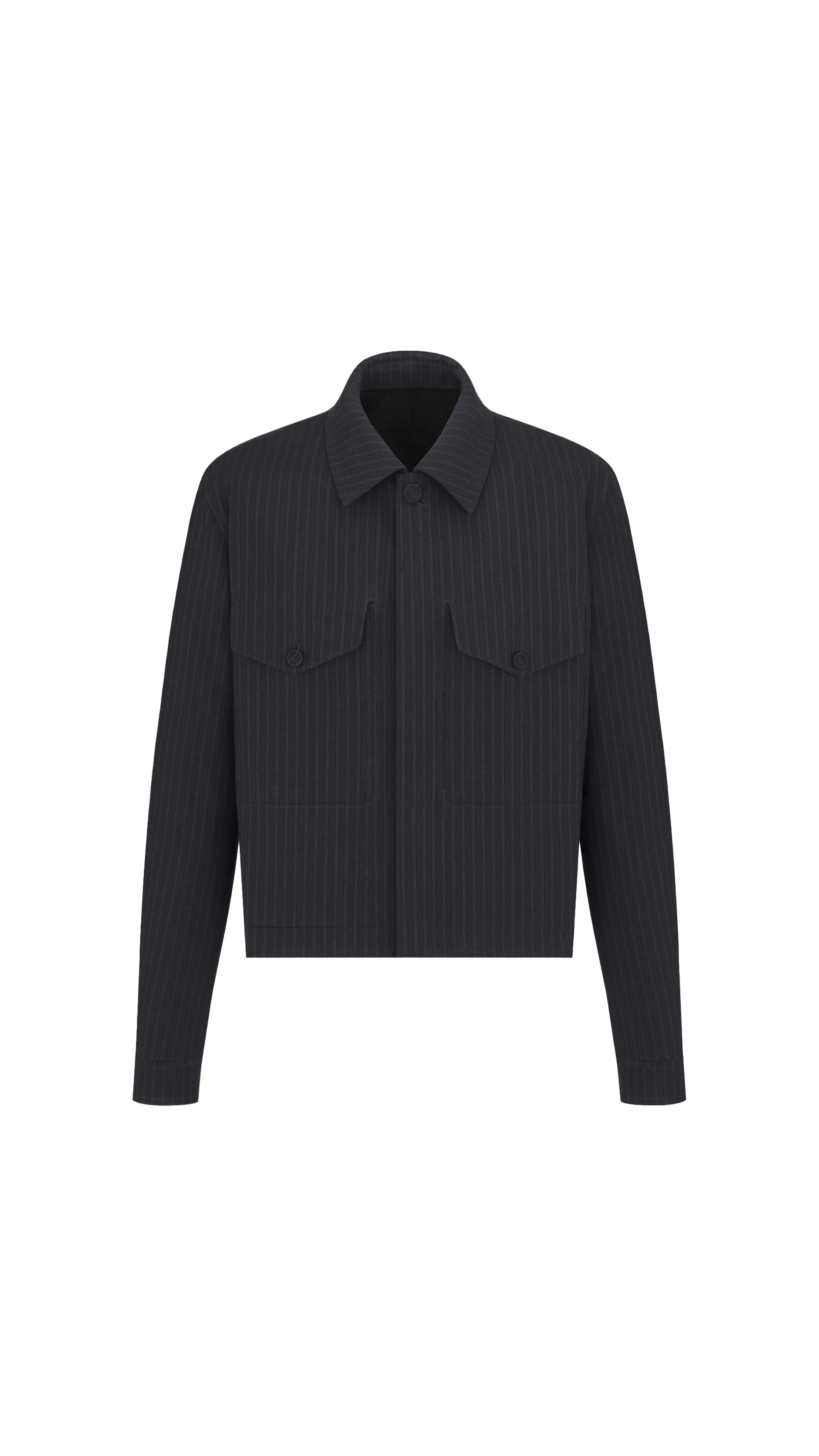 Jacket with Spread Collar - Black Striped Wool