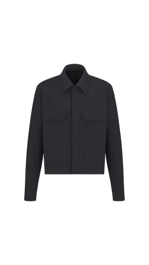 Jacket with Spread Collar - Black Striped Wool