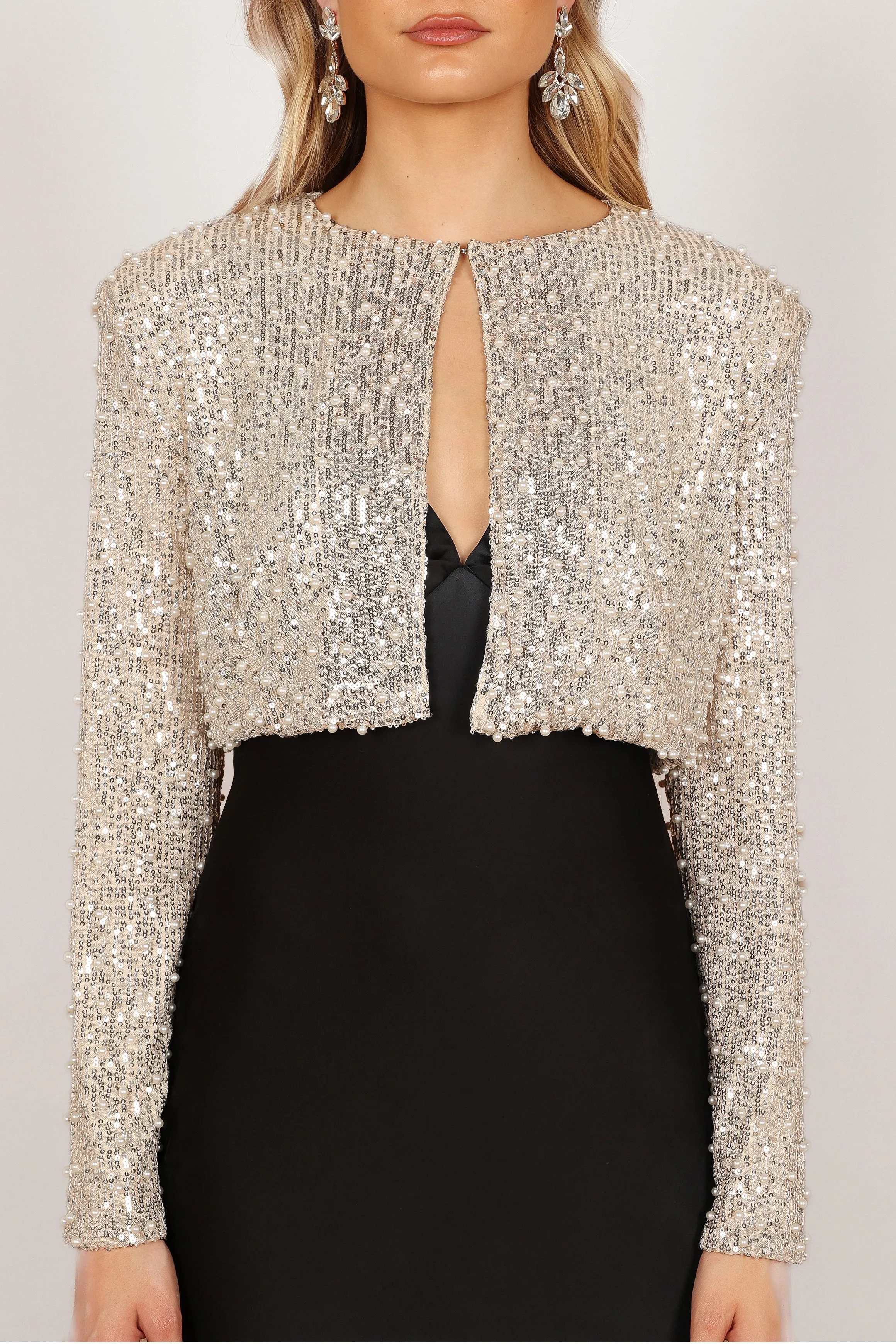 Monica Allover Pearl Crop Jacket - Nude