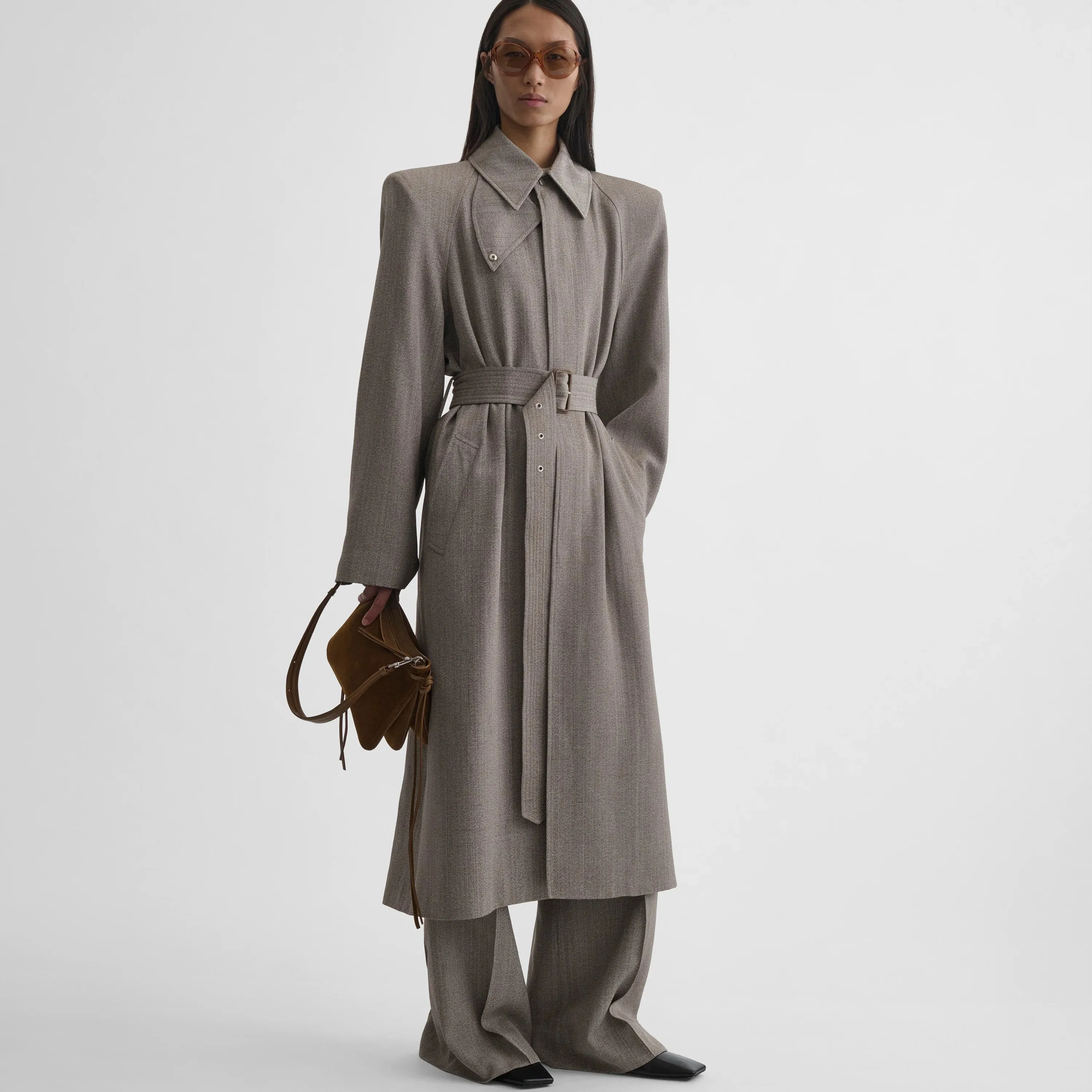 SHARP SHOULDER CAR COAT | pebble melange silk viscose