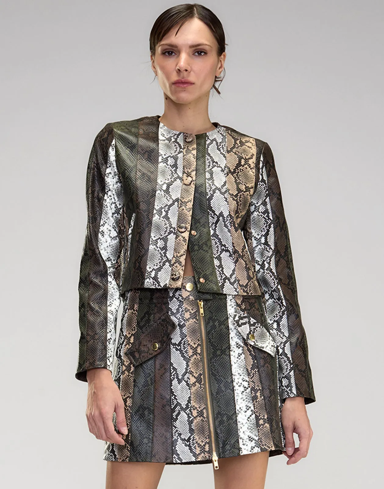 Snake-Embossed Vegan Leather Cropped Jacket