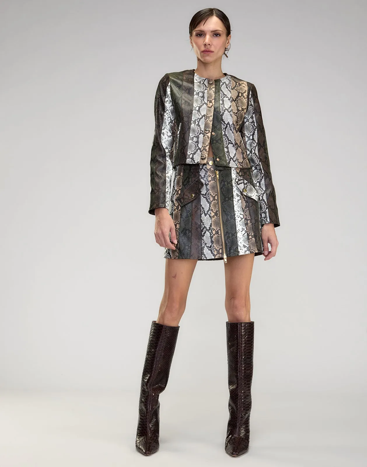 Snake-Embossed Vegan Leather Cropped Jacket
