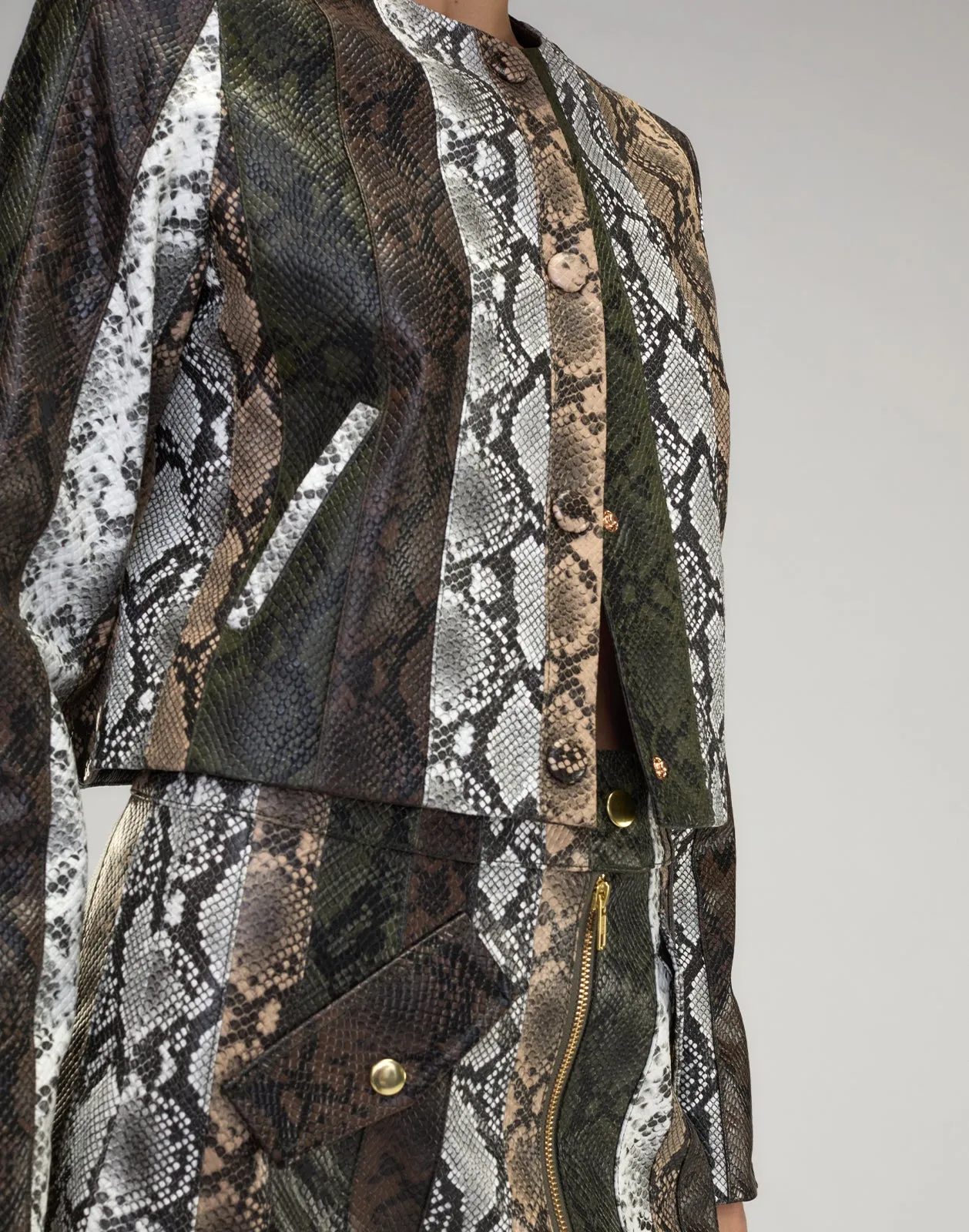 Snake-Embossed Vegan Leather Cropped Jacket