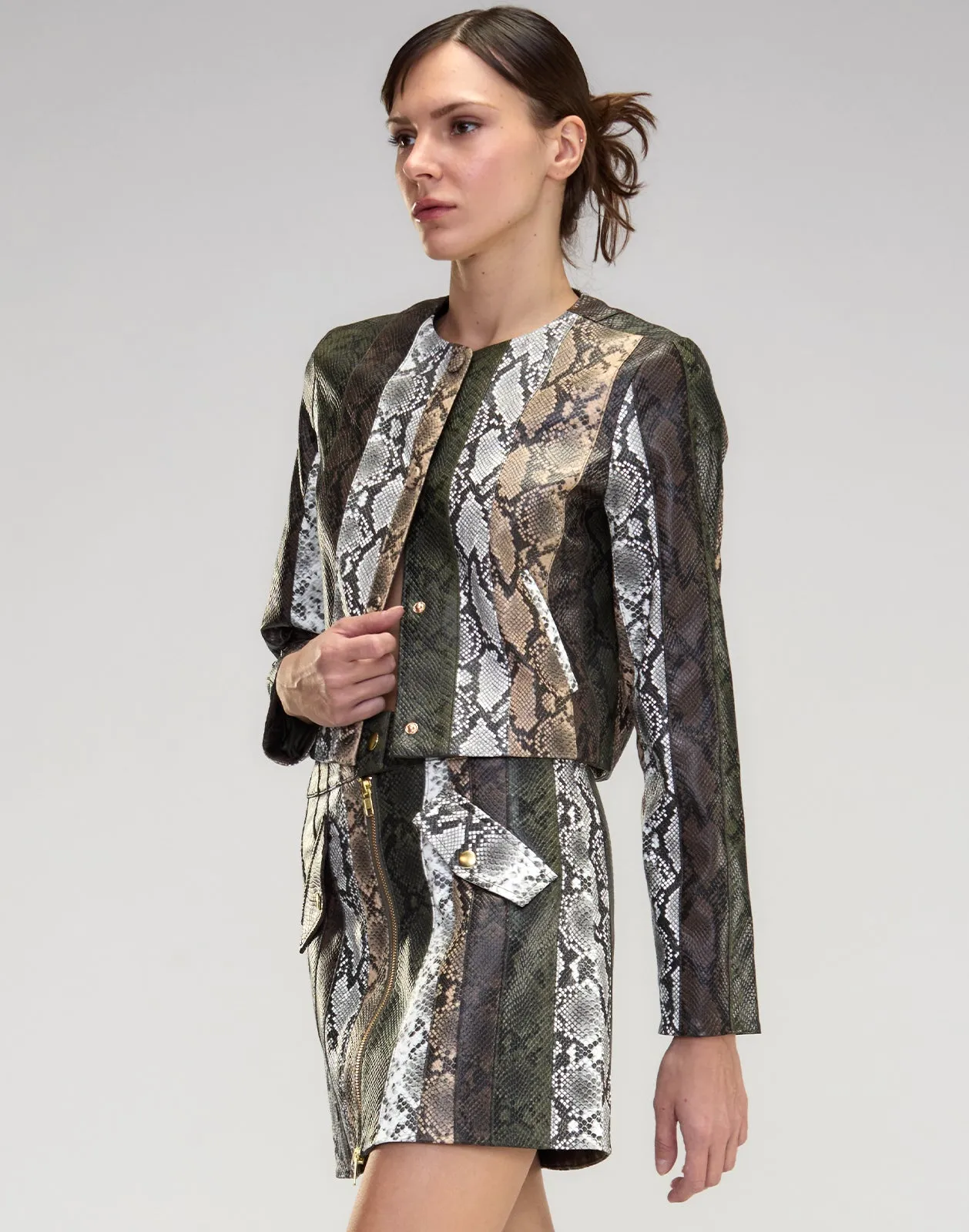 Snake-Embossed Vegan Leather Cropped Jacket