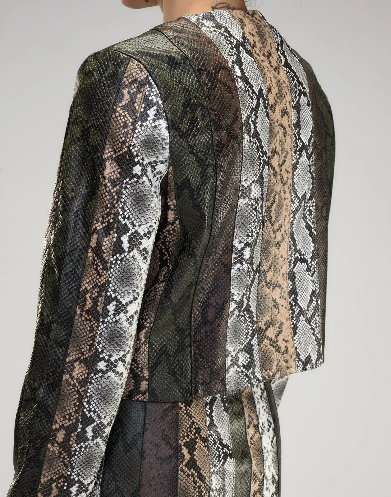 Snake-Embossed Vegan Leather Cropped Jacket