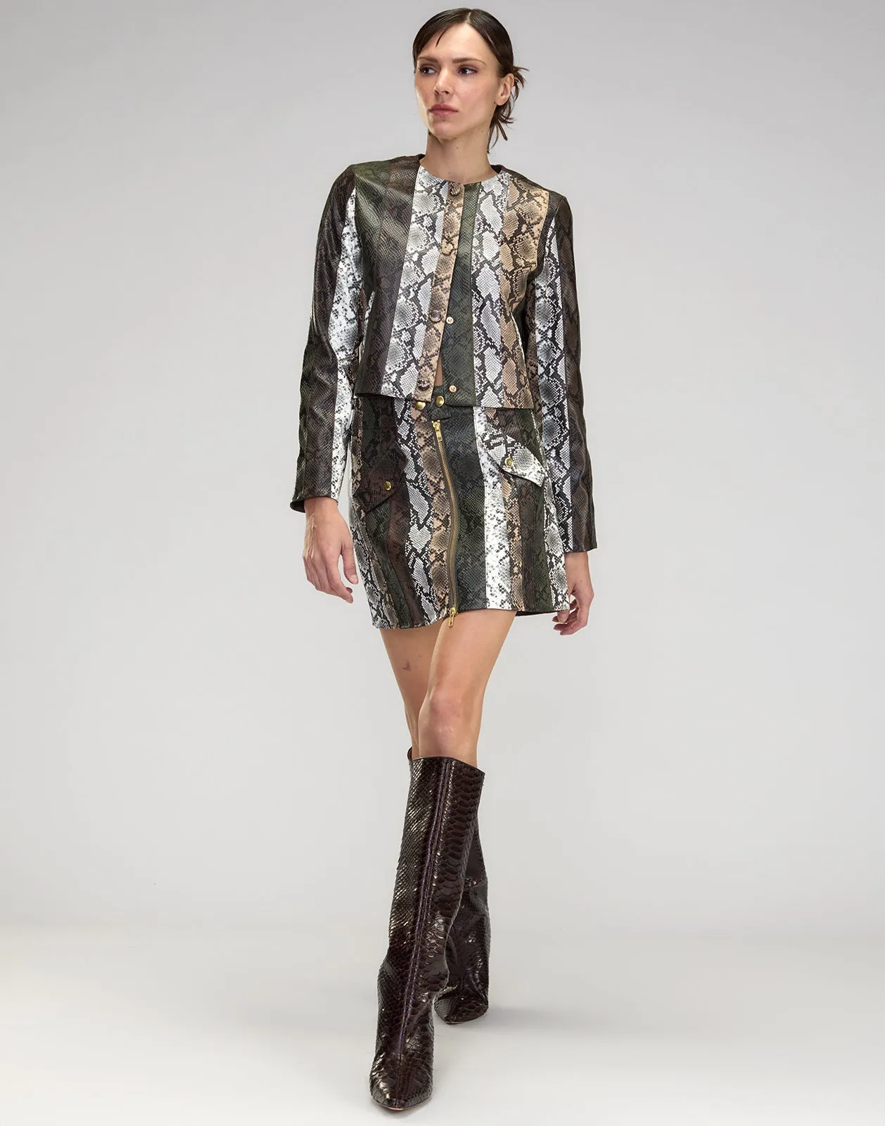 Snake-Embossed Vegan Leather Cropped Jacket