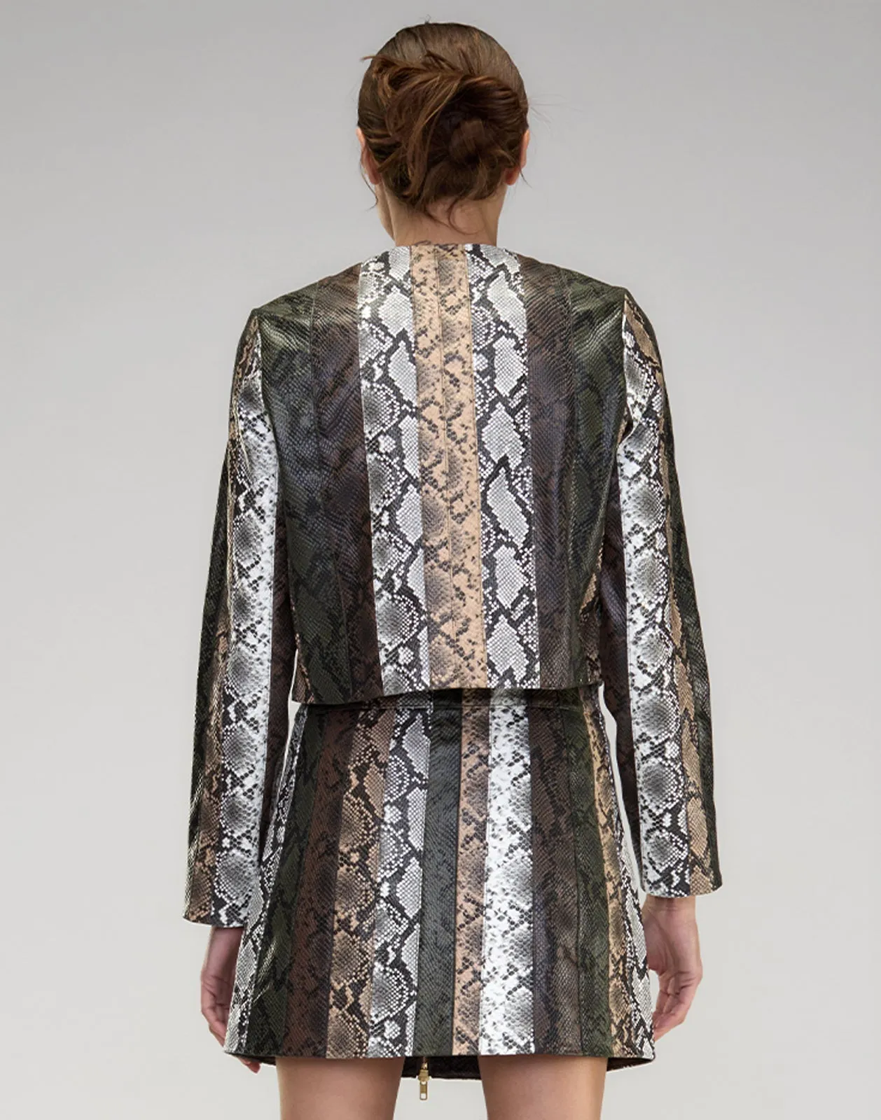 Snake-Embossed Vegan Leather Cropped Jacket